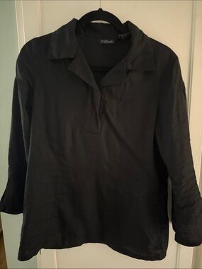 Willi Smith Black Collared Long Sleeve Top 100% linen bell sleeves